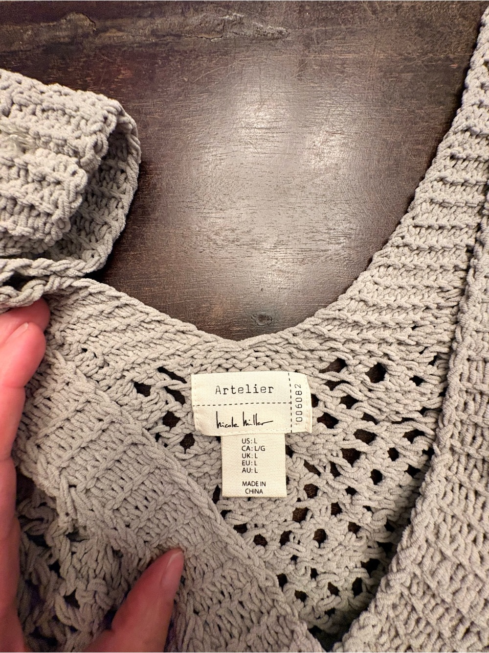Nicole Miller Artelier Crochet Knit Button Front Grey Cardigan Boho Chic large - Picture 2 of 6